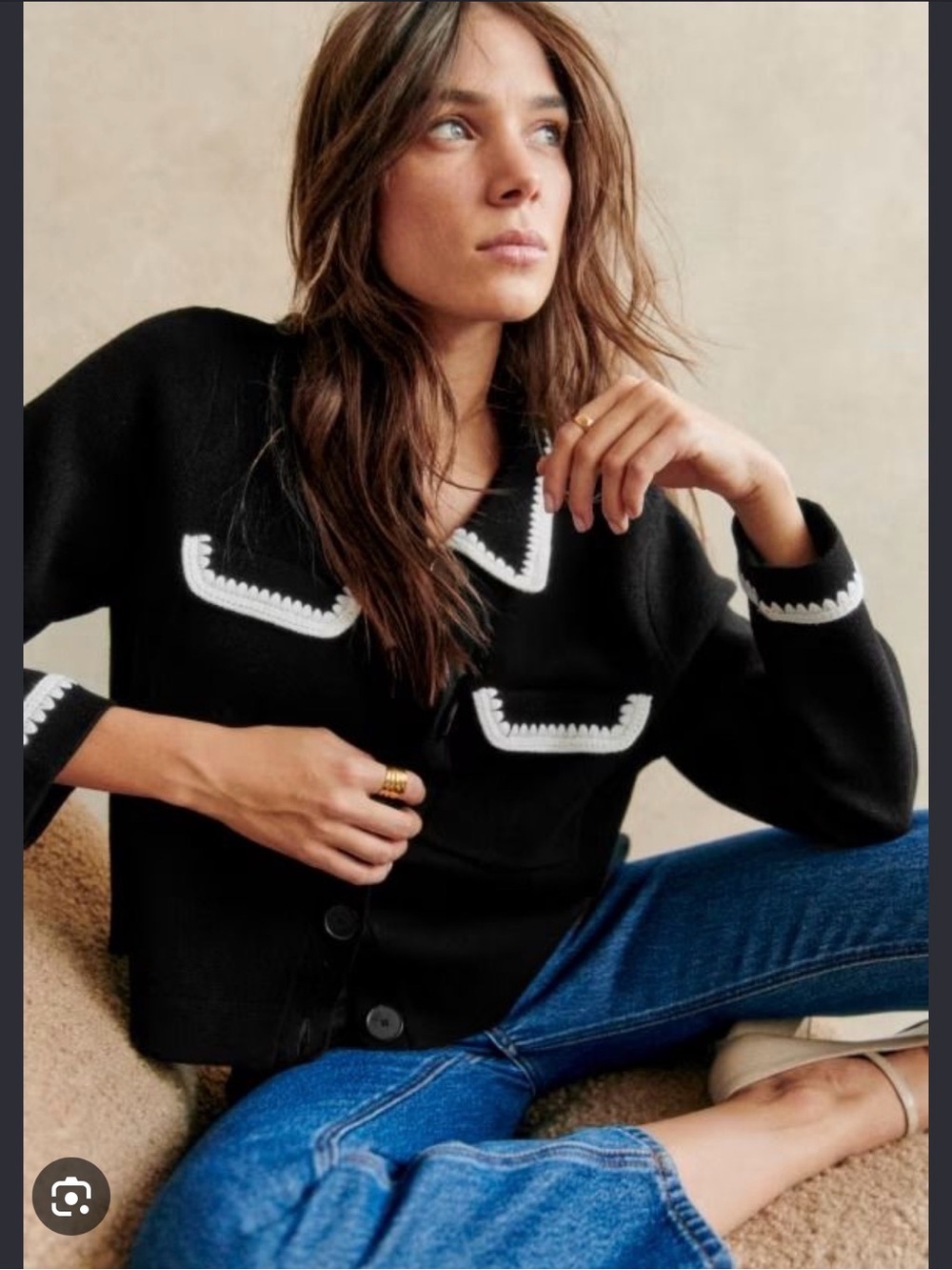 NWT Sézane Betty Cardigan Medium Black Ecru Crochet